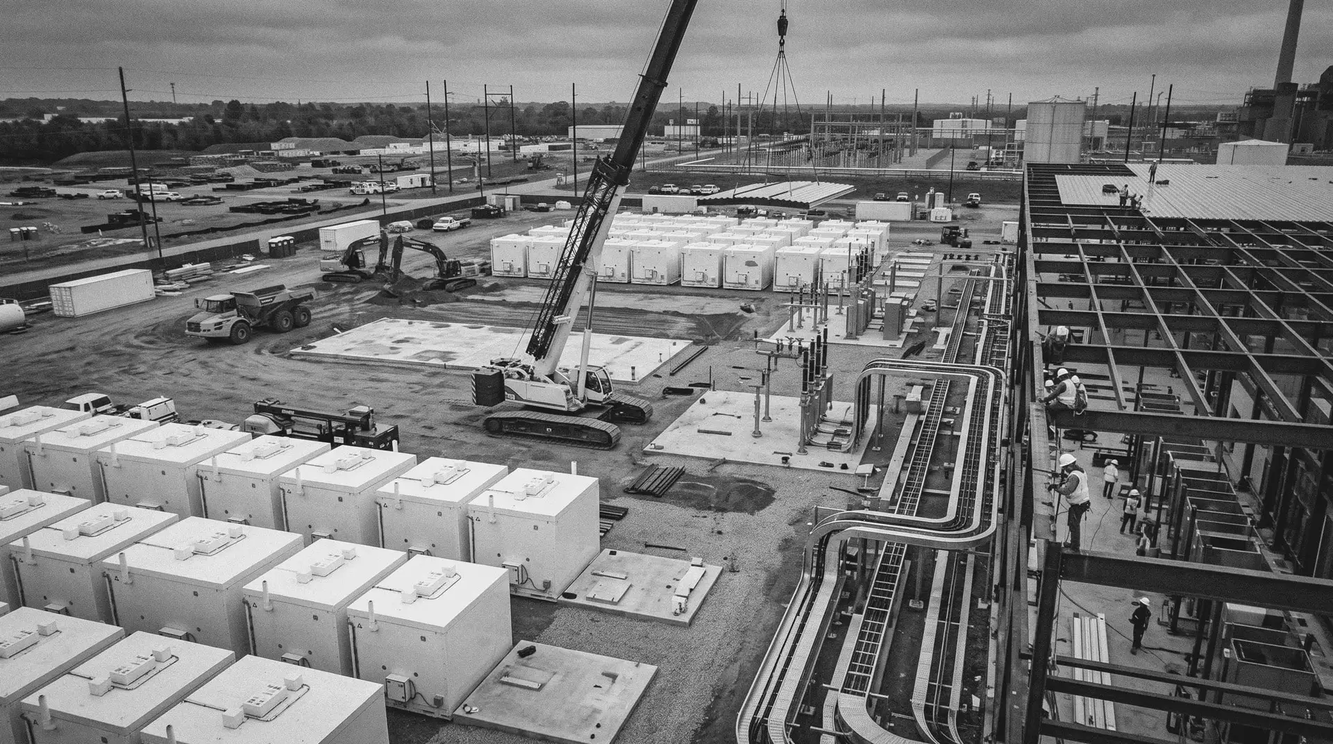 Black and white aerial photograph of a battery-storage site under construction, with a crane, rows of modular units and pipework.